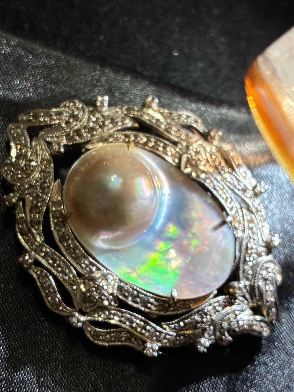 NOS- Vintage  Iridescent Mother-of-Pearl Brooch — Silver & Gold tone w/Marcasite